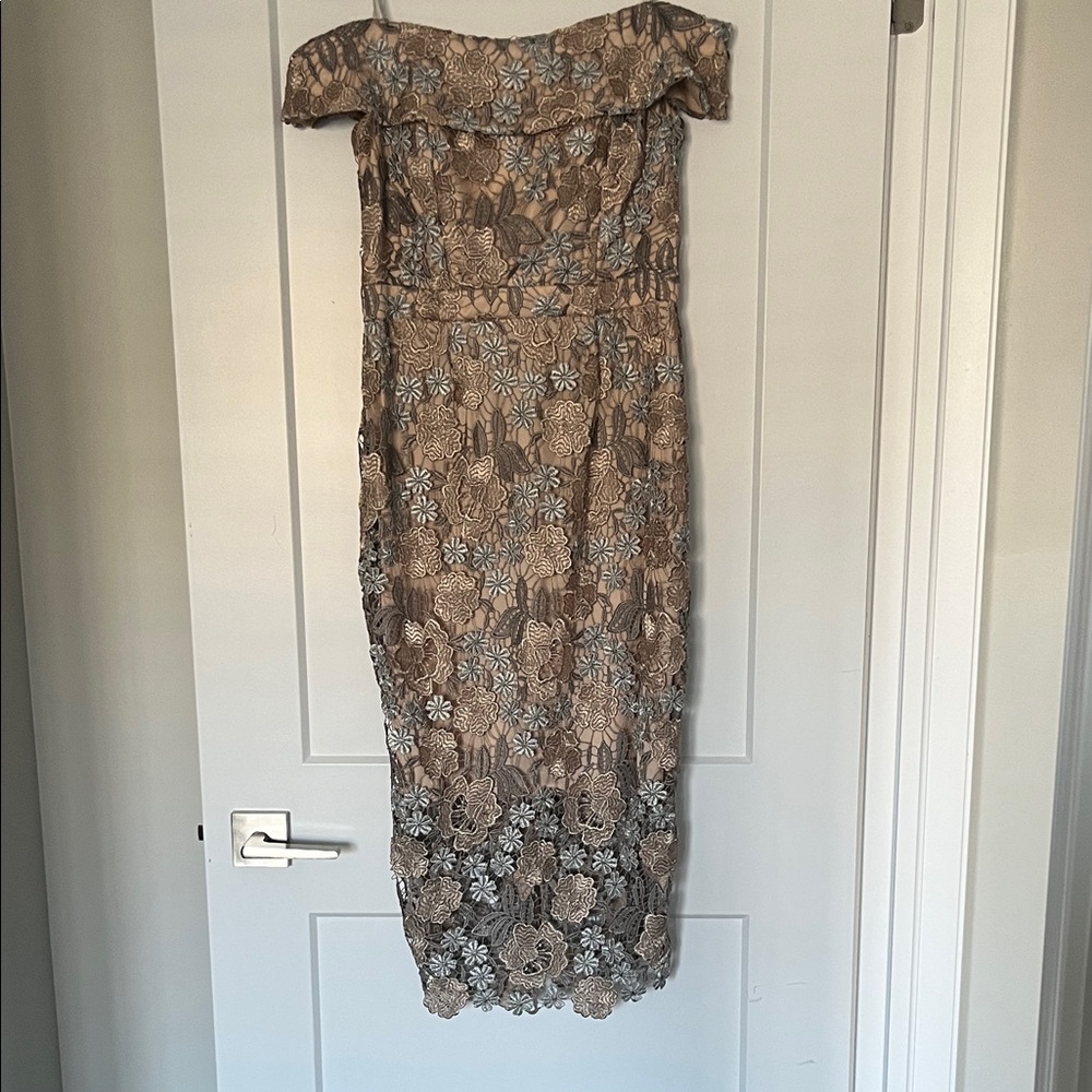 XSCAPE Off-the-shoulder Embroidered Lace Cocktail Dress